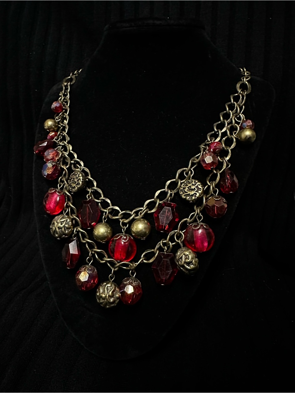 Deep Red Beaded Multi-Row Necklace Boho Christmas Fall Artisan
